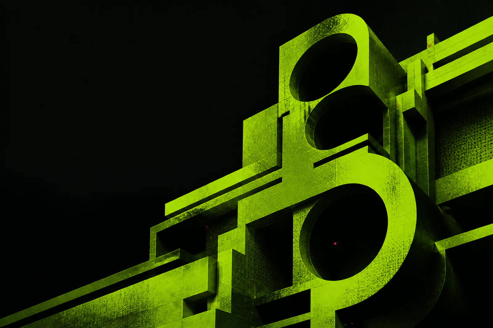 Acid-green brutalist forms cutting through a dark field