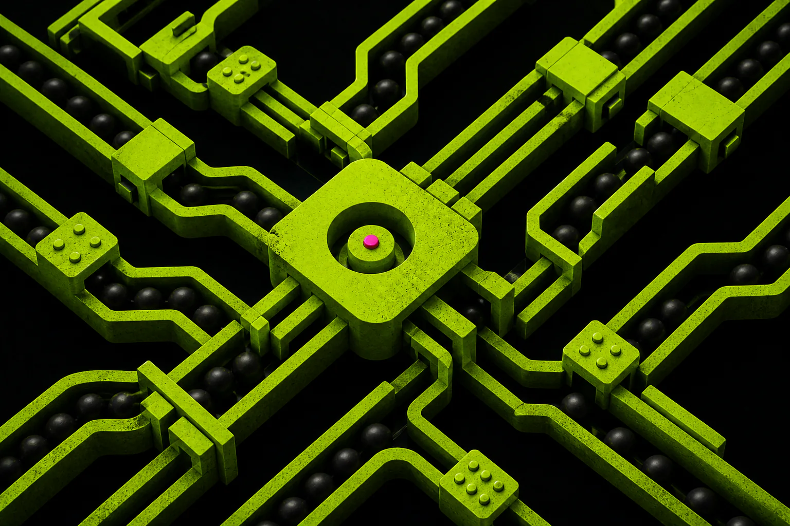 Black spheres disciplined by acid-green mechanical rails converging on a central hub with a pink core